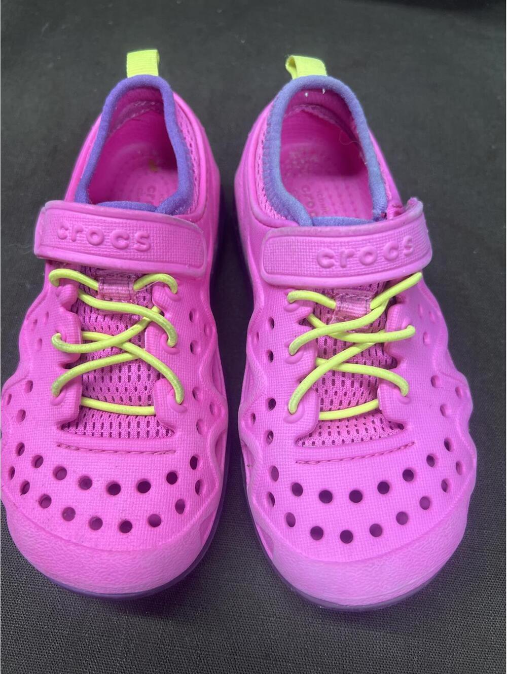 Kids Pink and Purple Crocs Water Shoes with Velcro Strap and Neon Laces